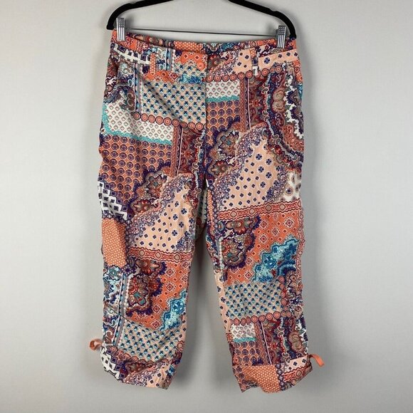 Chicos Cool Cotton-Blend Patched Capris Pants Womens 1.5 US 10 Floral Patchwork - Picture 1 of 9